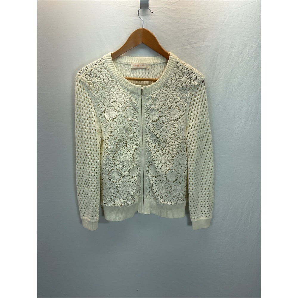 Tory‎ Burch Ivory Zip Crochet Trixie Cardigan Size S Lacey Casual Snag - Picture 2 of 9